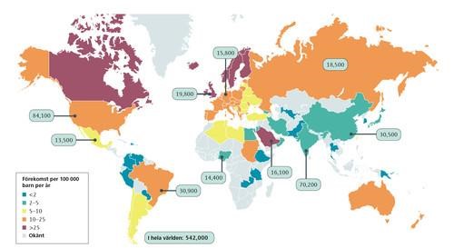 Karta över diabetes typ 1 i världen.